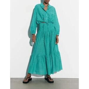 Zara Matching Set Maxi Skirt Crop Blouse XS Blue Green Print Dress 100% Cotton